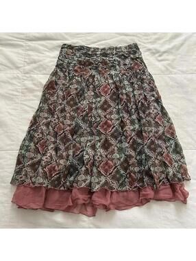 Chadwick's pink and green silk floral print skirt with ruffles layered detail